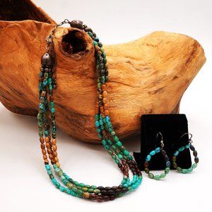 Vintage DTR Turquoise Jasper Bead 4 Strand Silver Necklace Earring Jewelry Set